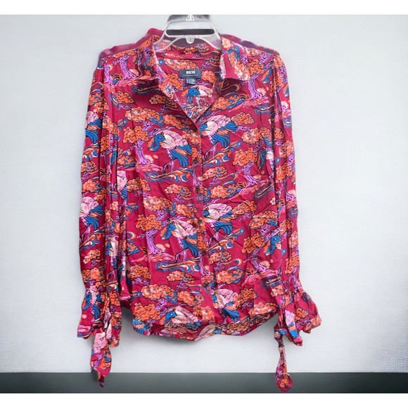 Anthropologie Maeve 8 Darla Floral Crane Bird Blouse Button Front Top - Picture 1 of 7